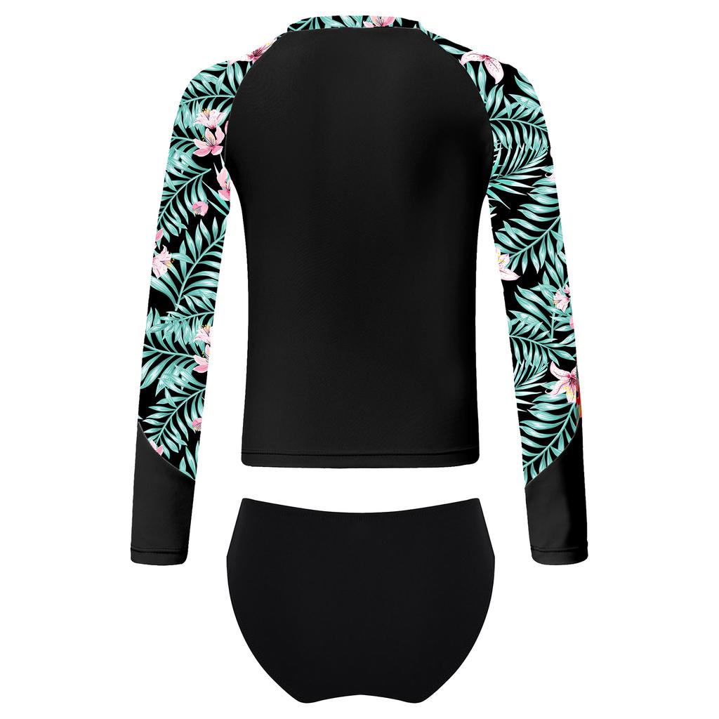 Girls Long Sleeve Swim Set Printed Mock Neck Rash Guard Top Swim Briefs UPF 50 Sun Protective Beach Pool Outfit