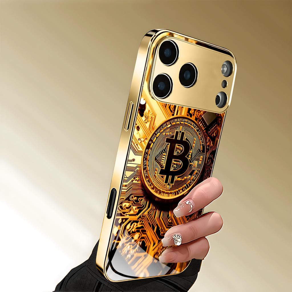 Premium Gold Bitcoin Tech Pattern For Iphone 17 Case Fashion Phone Cases Glass Phone Case for iPhone 17 16 15 14 13 Pm Pro Plus