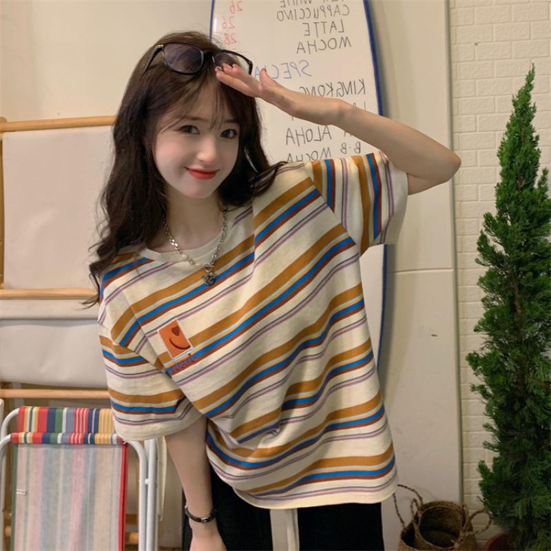 

Футболка в полоску в стиле ретро, ​​женская большая свободная хлопковая футболка с коротким рукавом и круглым вырезом, летний топ