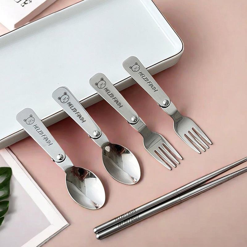 304 Rostfritt Stål Vikbar Ery Set Återanvändbar Bärbar Gaffel Sked Ätpinnar Servis Picknick Vikbar Servis Diskmaskinssäker