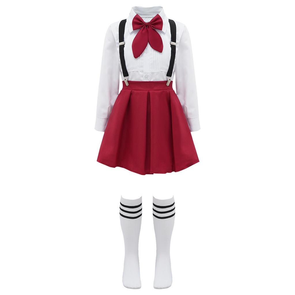 Girls Preppy Style Turndown Collar Bow Top Long or Short Sleeve Button Down with Elastic Waistband Overalls Skirt and Socks Outfit