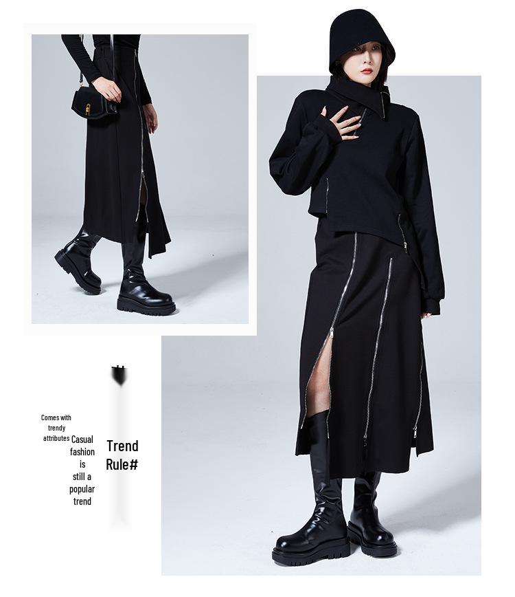 Dámská úzká sukně s vysokým pasem, nepravidelného A-střihu s rozparkem na zip - Ležérní jarní/podzimní trend