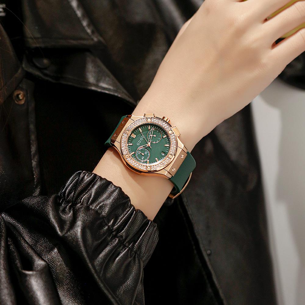 Montre tendance, personnalité, cool, élégante, grand cadran, bracelet en silicone, autoritaire, strass, montre femme