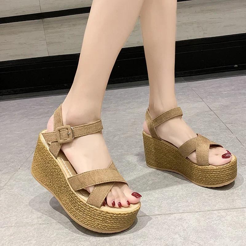 Fashion Summer Fashion Paragraph Sandals Women's Sponge Shoes High Heels Sloping Heels Waterproof Platform Thick Sole Strap Buckle
