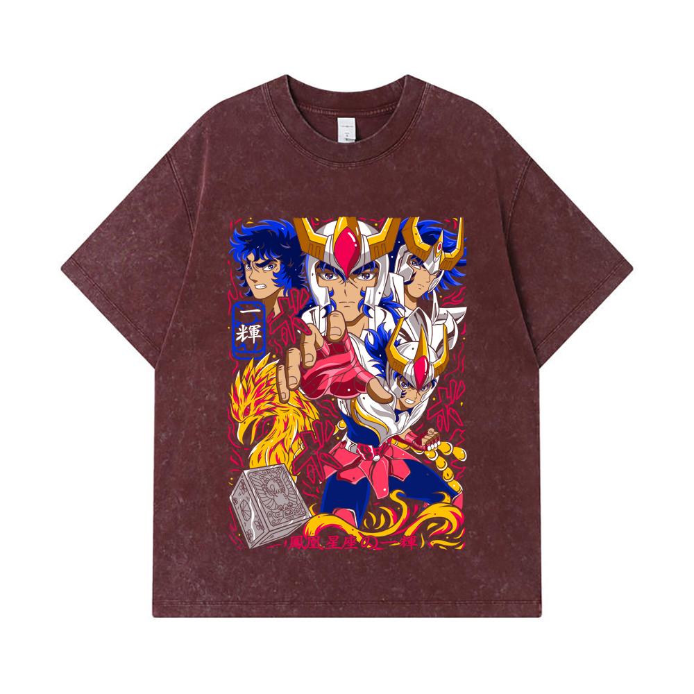 275 GSM Washed T-shirts 100% Cotton Saint Seiya V7 Fenix Print Unisex Heavy Cotton T Shirt