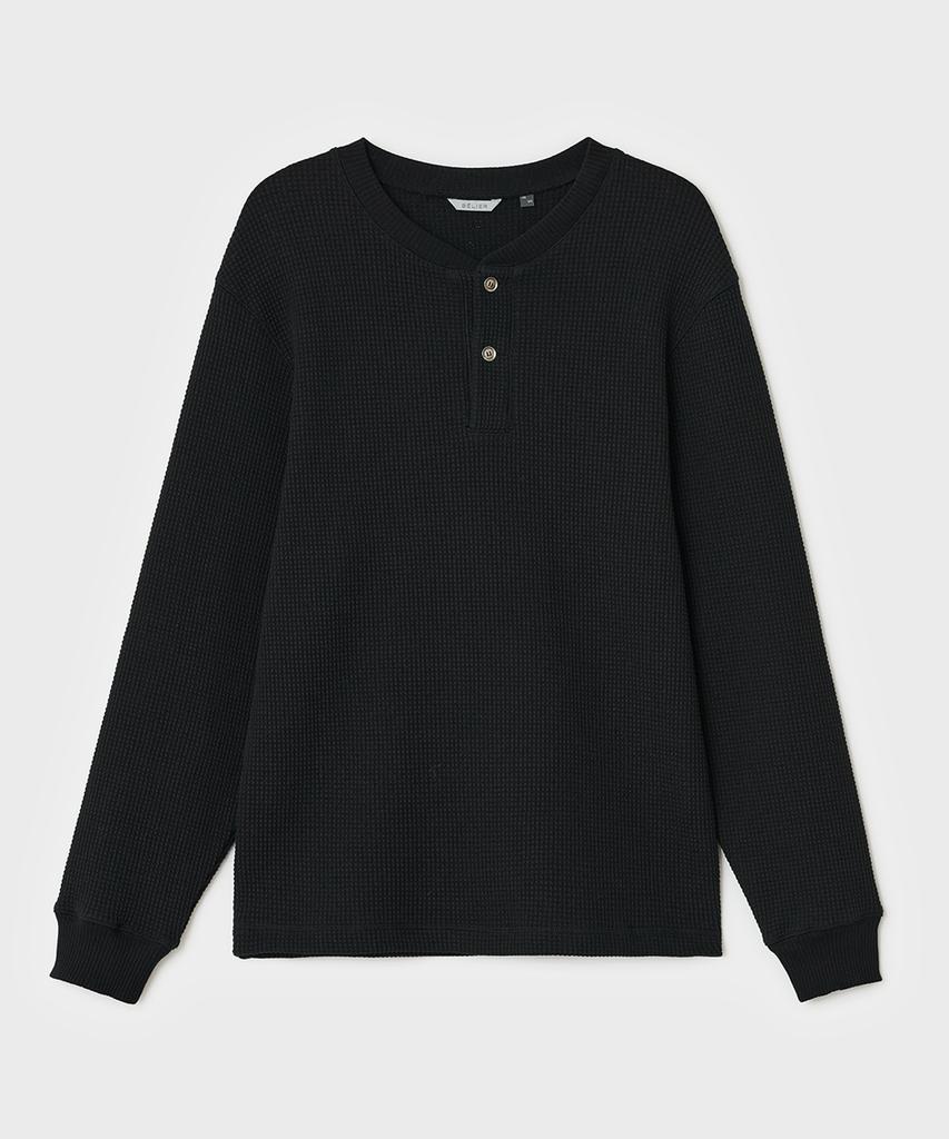 Bellie Waffle Henley Neck T-Shirt - Black