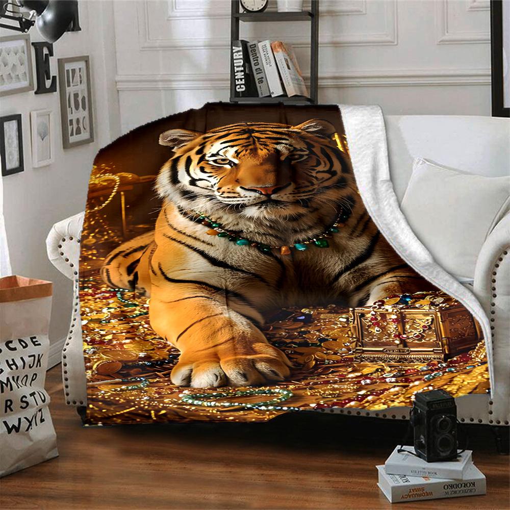 1PC Tiger Treasure Chest Blanket, Soft Warm All-Season Throw for Sofa, Bed, Car, Office, Vibrant Colorful Design, Durable & Cozy Gift for Home Decor,