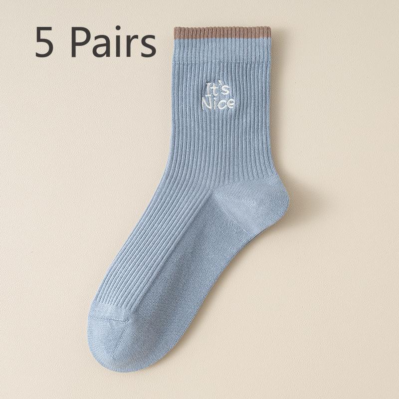 5 Pairs of Collision Screw Mouth Embroidery Drawstring Micro Women's Socks Boneless Autumn and Winter Sports Tall Rubber Band Mid-calf Socks Wholesale