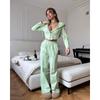Womens Casual Two-Piece Set: Solid Color Long Sleeve Zipper Front Crop Top With Tie Waist High-Waisted Wide Leg Pants
