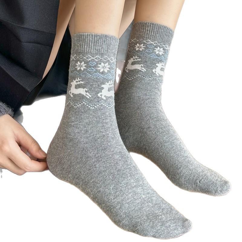 Grey Socks, Women's Retro Deer Cotton Socks, Mid-calf Socks for Autumn and Winter, Ethnic Style, Pile Long Calf Socks