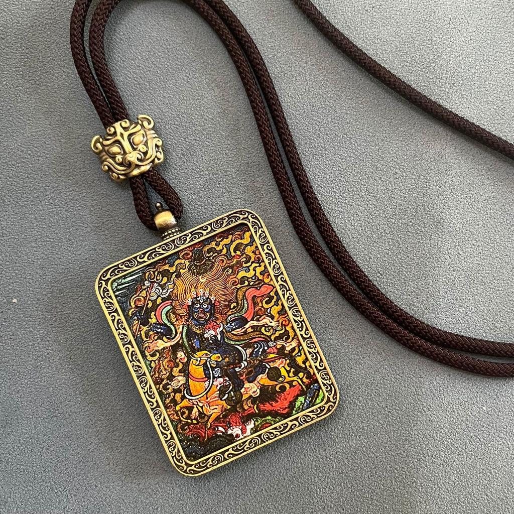 Thangka Pendant Necklace - Yellow & Black Guardian Buddha Amulet