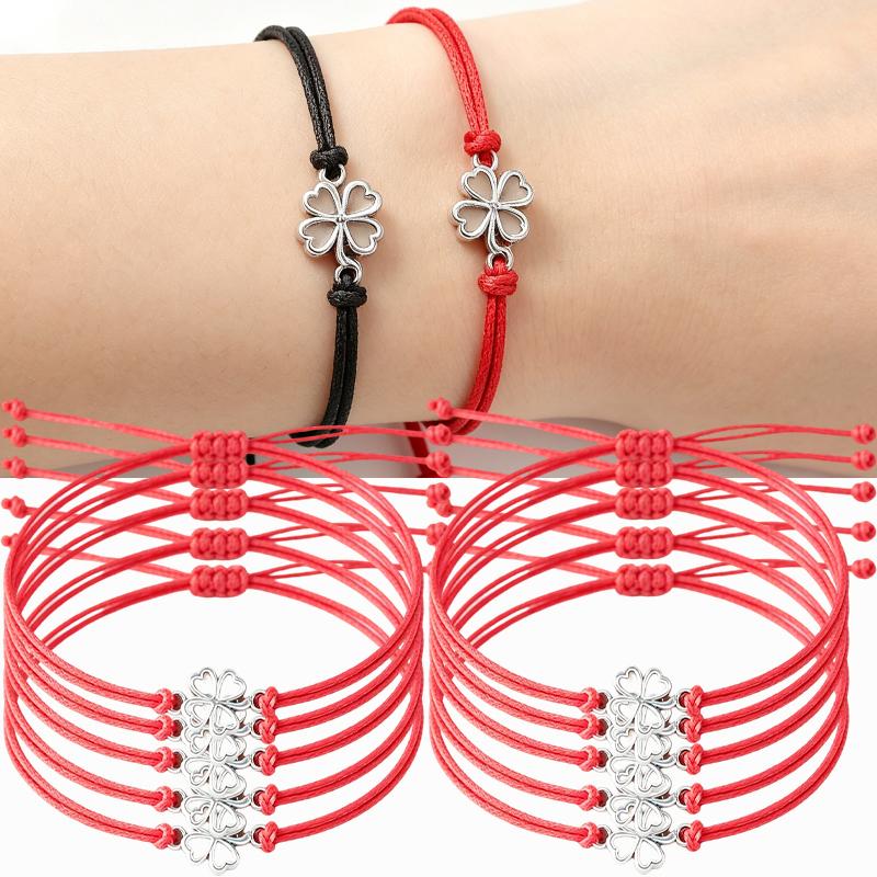 10 pièces 2026 Bracelets Trèfle à Quatre Feuilles pour Femmes Hommes Réglable Fait Main Corde Rouge Porte-Bonheur Couple Amitié Bijoux Accessoires
