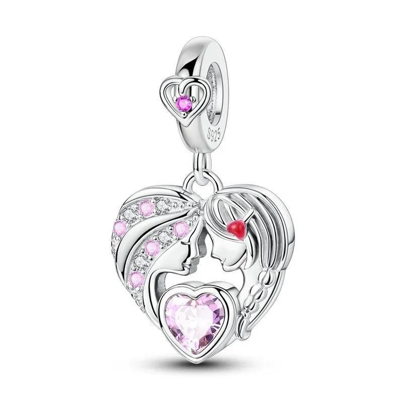 Sparkling Birthstone Charms Copper Heart Mom Key Pendant Bead Fit Original Necklace Bracelet Women Jewelry Diy Gift