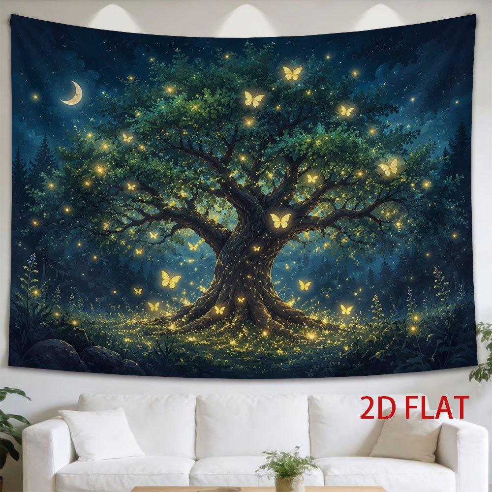 2D Flat - 2D Flat - 1pc 2D Flat Tapestry Moonlit Tree Glowing with Fireflies Under a Crescent Moon in a Mystical Forest Scene