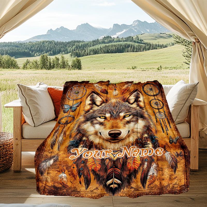 1PC Custom Name Wolf Dreamcatcher Spirit outdooor Flannel blankets Patterns Throw Blanket All-Season Soft Gift for Couch, Bed, Camping gifts