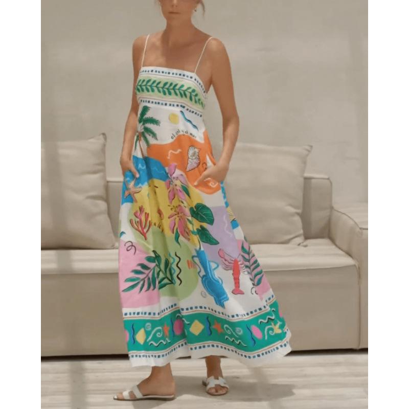 

2024 Summer Women s Sexy Spaghetti Strap Sleeveless Wide-Hem Dress with Positioning Print M