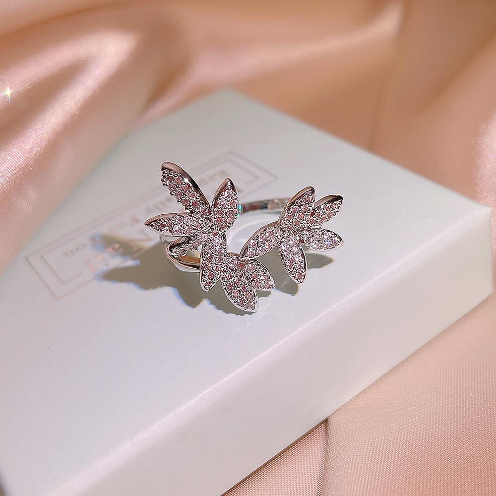 Niche Trendy Temperament  Micro Inlaid Zircon Flower Ring for Women  Fashionable  Simple  Personalized  Open Mouthed Index Finger Ring