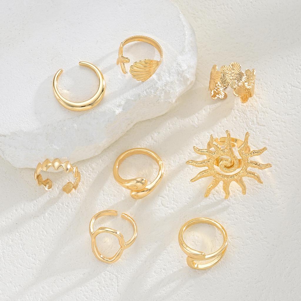 8 Pcs/Set Bohemia Sun Starfish Shell Open Rings for Women Trendy Punk Geometric Gold Color Knuckle Joint Ring Beach Jewelry Gift