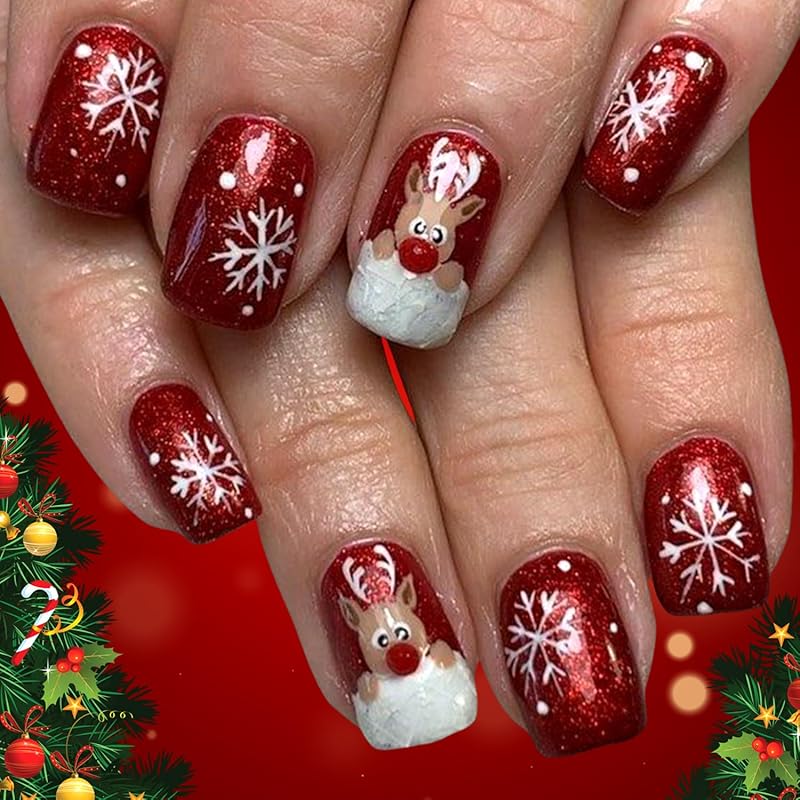 Christmas Press on Nails Short Square Red Fake Nails with Candy Cane Line Snowflake Glossy Designs Full Cover Press ons False Nails for Women 24 Pcs