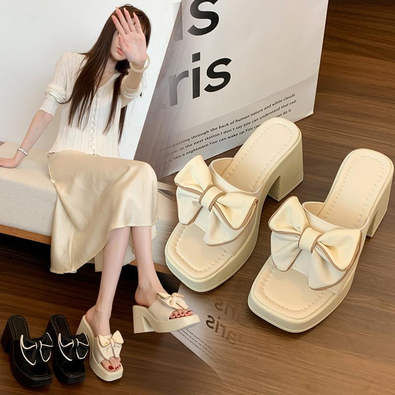 Cool Slippers Women's Summer Outer Wear Fashion 2025 New Versatile Muffin Thick Bottom Heightening Bow Women's Wedge Slippers