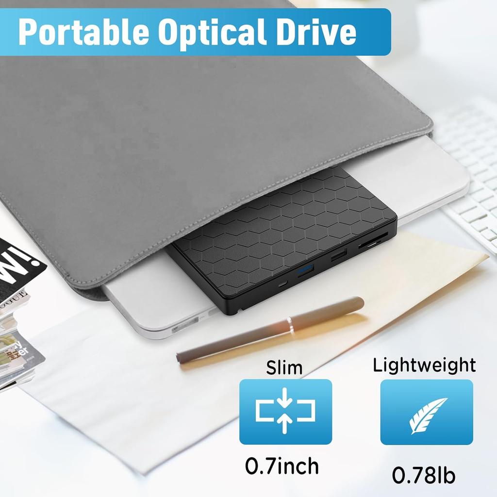 LJIAL External CD/DVD Drive for Laptop, USB 3.0 CD Burner with 2 USB Ports and 2 TF/SD Card Slots DVD Player for Laptop Mac PC
