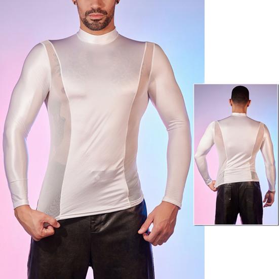 Men Sexy Mesh T-Shirt Oil Glossy Shiny Top Patchwork Tight-Fit Top Breathable Long Sleeve