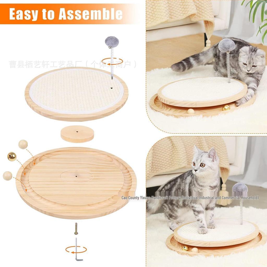 Double Layer Wooden Cat Scratching Post with Teaser Toy, Sisal Mat & Self-Amusement Ball
