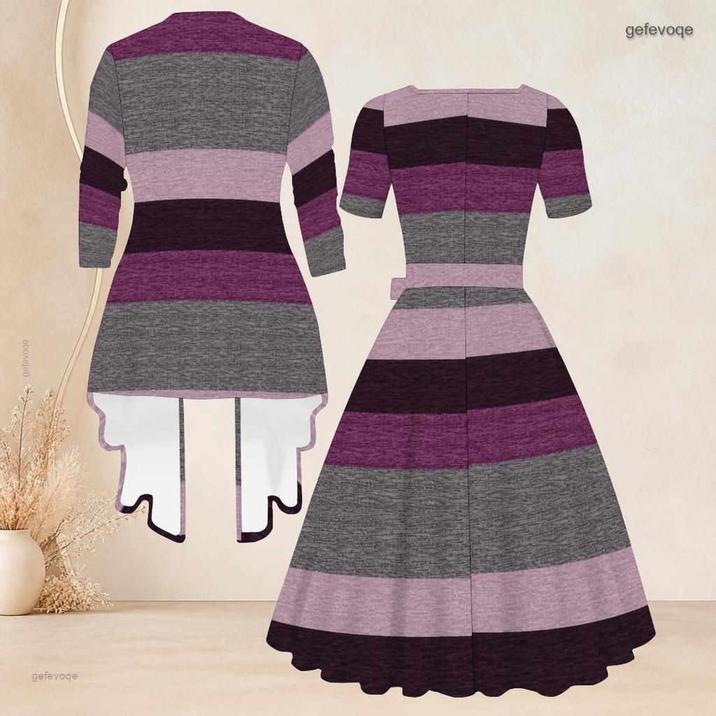 Women Plus Size Printed Two Piece Set Long Sleeve Cardigan Square Neck Short Sleeve Tie Waist Flared Dress