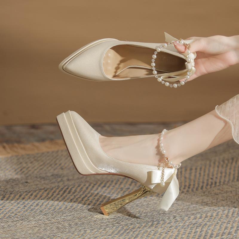 Skinny bridesmaid shoes thick heel Mary Jane women's shoes 2025 new spring and autumn high heel waterproof table bride shoes wedding shoes