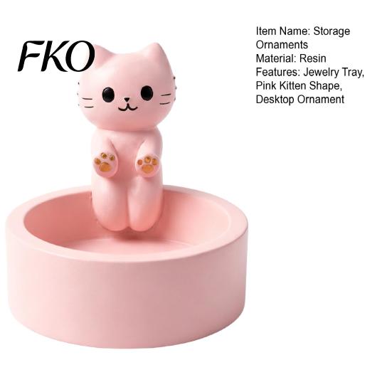 Matte Finish Jewelry Holder Cute Cat Storage Tray, with Deep Plate Slot, Pink Shaped Organizer Resin Decorative Ornament, for Dressing Table And
