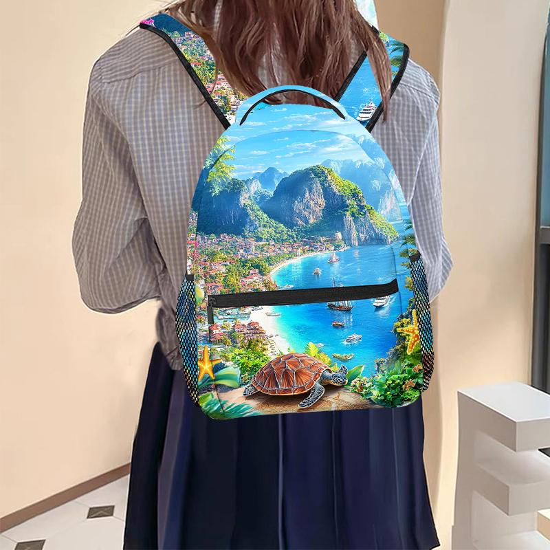 Large Capacity Sea Turtle & Beach Landscape Backpack - Adjustable Strap, Multiple Compartments, Lightweight Polyester Lining, Id