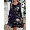 Spring Autumn Women Dress Casual Long Sleeve O-neck 3D Print Loose A-Line Dress Oversized Home Wear Robe