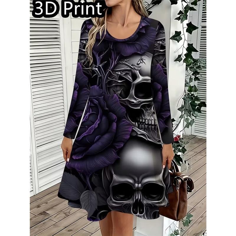 Spring Autumn Women Dress Casual Long Sleeve O-neck 3D Print Loose A-Line Dress Oversized Home Wear Robe