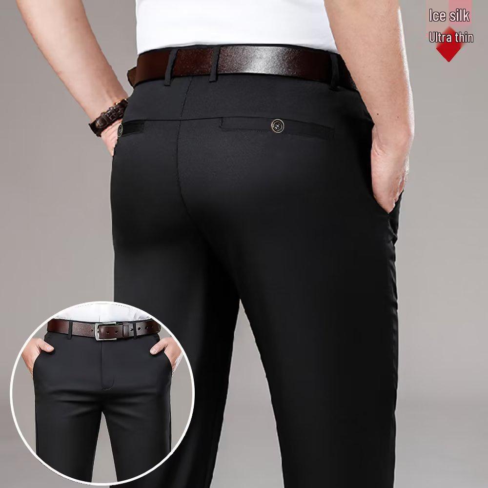 

Мужские летние легкие повседневные брюки прямого кроя - Брюки для делового костюма из ледяного шелка для мужчин среднего возраста 34 чёрный