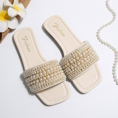 [Foreign Trade] Summer New Pearl One-Word Slippers Wear Sandals Square Head Flat Bottom with Skirt Shoes Beach Shoes