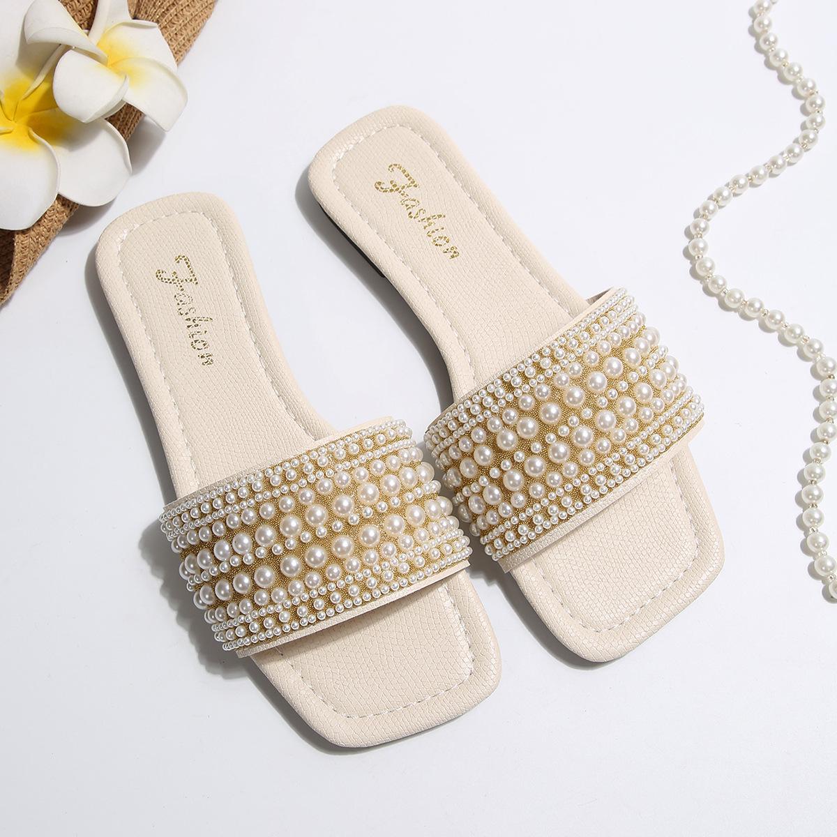 

[Foreign Trade] Flat-bottomed slippers women s summer new pearl rhinestone outer wear square head fashion casual women s sandals 43