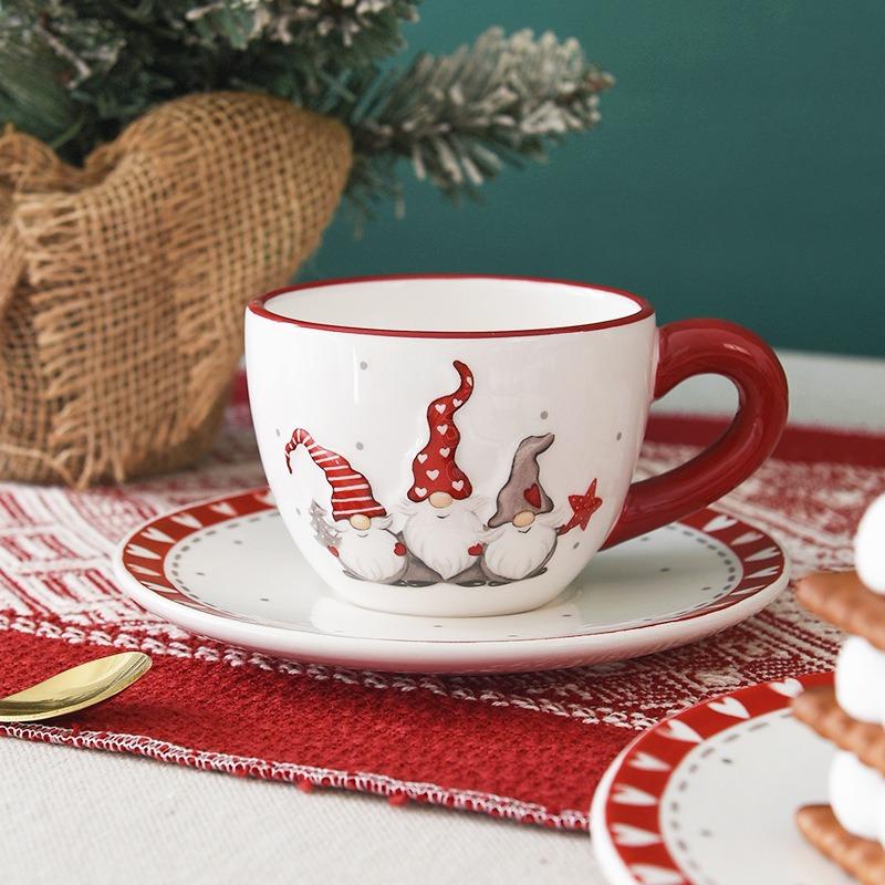 Nordic Santa Claus Relief Ceramic Coffee Cup Saucer Set Western Teacup Saucer Ceramic Drinking Vessels Christmas Decorations