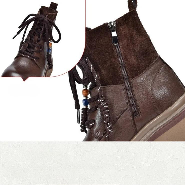 Johnature Thick Soled Cowhide Lace Up Short Boots Retro Side Zipper Genuine Leather Women's Boots