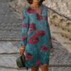 Women Midi Dress Flower Print V-neck Long Sleeves Vintage Pullover Daily Wear Colorful Holiday Autumn Women Beach Dress Female Clothes