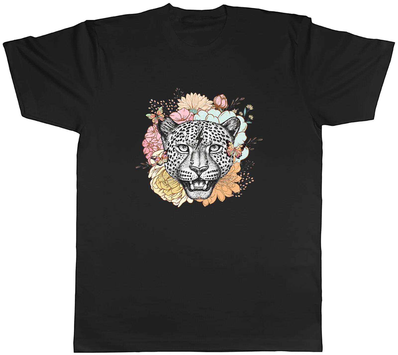 Floral Leopard Mens T-Shirt Big Cat Wildlife Jungle Animal Unisex Tee Gift S