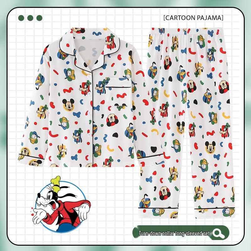 Children's Cartoon Print Pajama Set - Long Sleeve Cardigan with Turn-Down Collar, Imitation Cotton, for Spring and Autumn