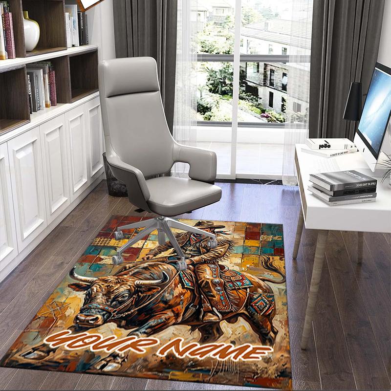 1PC Custom Name Rodeo Rider Bull Theme Floor Mat Ideal for Living Room, Game Rooms, Office, Bedroom,Floor Mat Playful Design