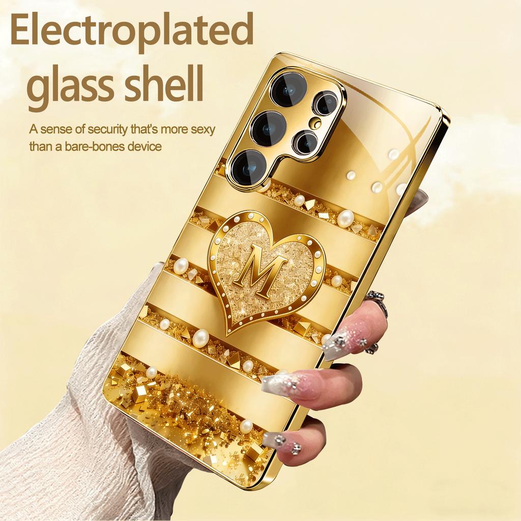 New Model Golden Heart Simplicity High-end Electroplating Glass PhoneCase for Samsung Galaxy S26 S25 S24 S23 S22 FE,Ultra,Plus