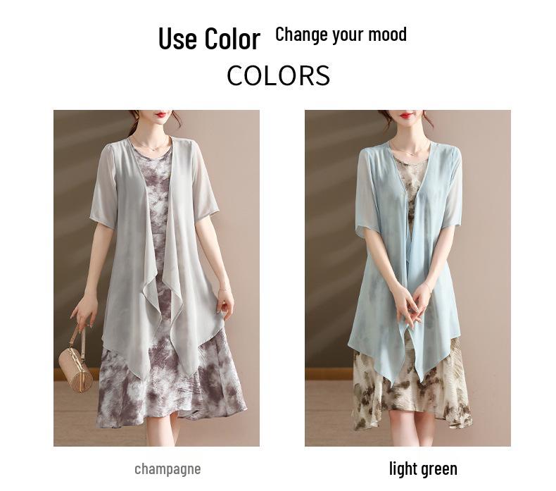 Elegant Chiffon Summer Dress Set for Mature and Elderly Women - Stylish Two-Piece Skirt Ensemble