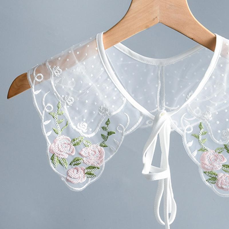 False Collar Dickey Collar Pink Rose Embroidery Collar Venise Lace Up Neckline Easy To Wear Detachable Collar Women