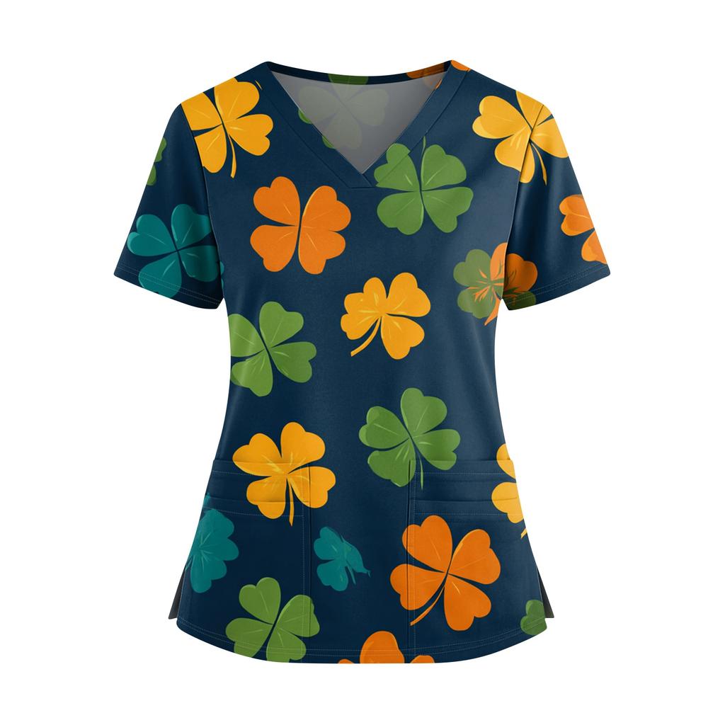 Frauen St. St. Patrick's Day Druck V-Ausschnitt Doppeltasche Kurzarm Uniform Oberteil mit geschlitztem Saum