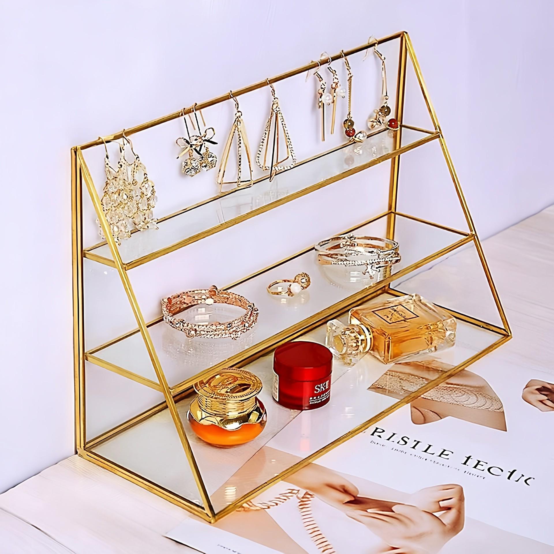Nordic Brass Glass Three-Tier Jewelry Display Stand for Bracelets and Earrings 35cm*12cm*21cm жёлтый