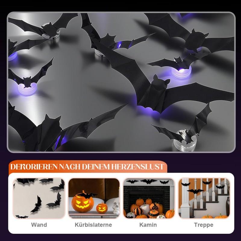 12/24Pcs Lighted 3D Bat Sticker LED Halloween Bat Decorative Wall Sticker Light Up Glowing Bat Clings for Bedroom Window Wall Decor