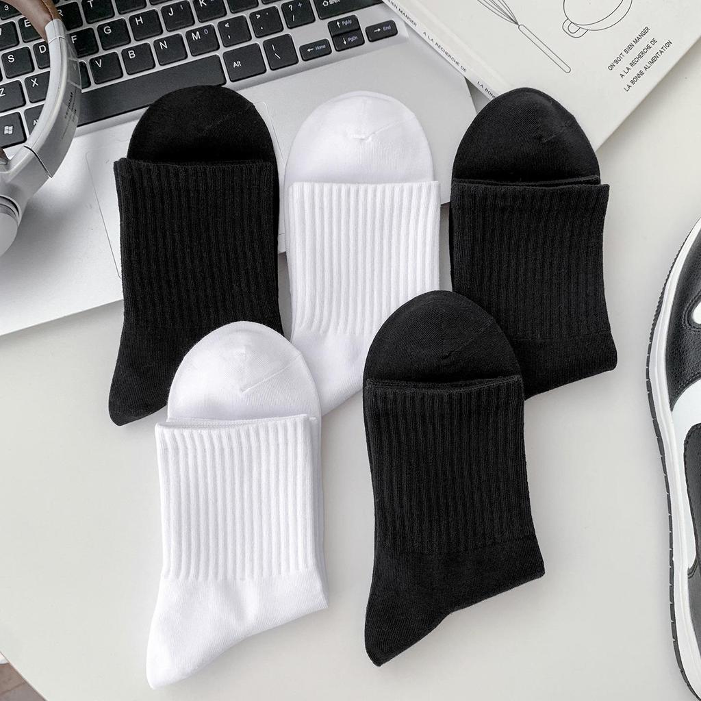 Women's Classic Black & White Non-Slip Cotton Mid-Calf Socks - Breathable & Elastic