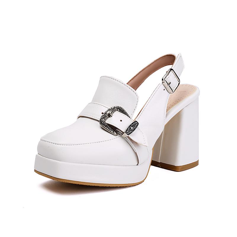 

ANNYMOLI женские туфли-лодочки с открытой пяткой, квадратный носок, толстые высокие каблуки, пряжка на платформе, женская модная обувь, весна-осень, бежевый цвет 45 35 белый